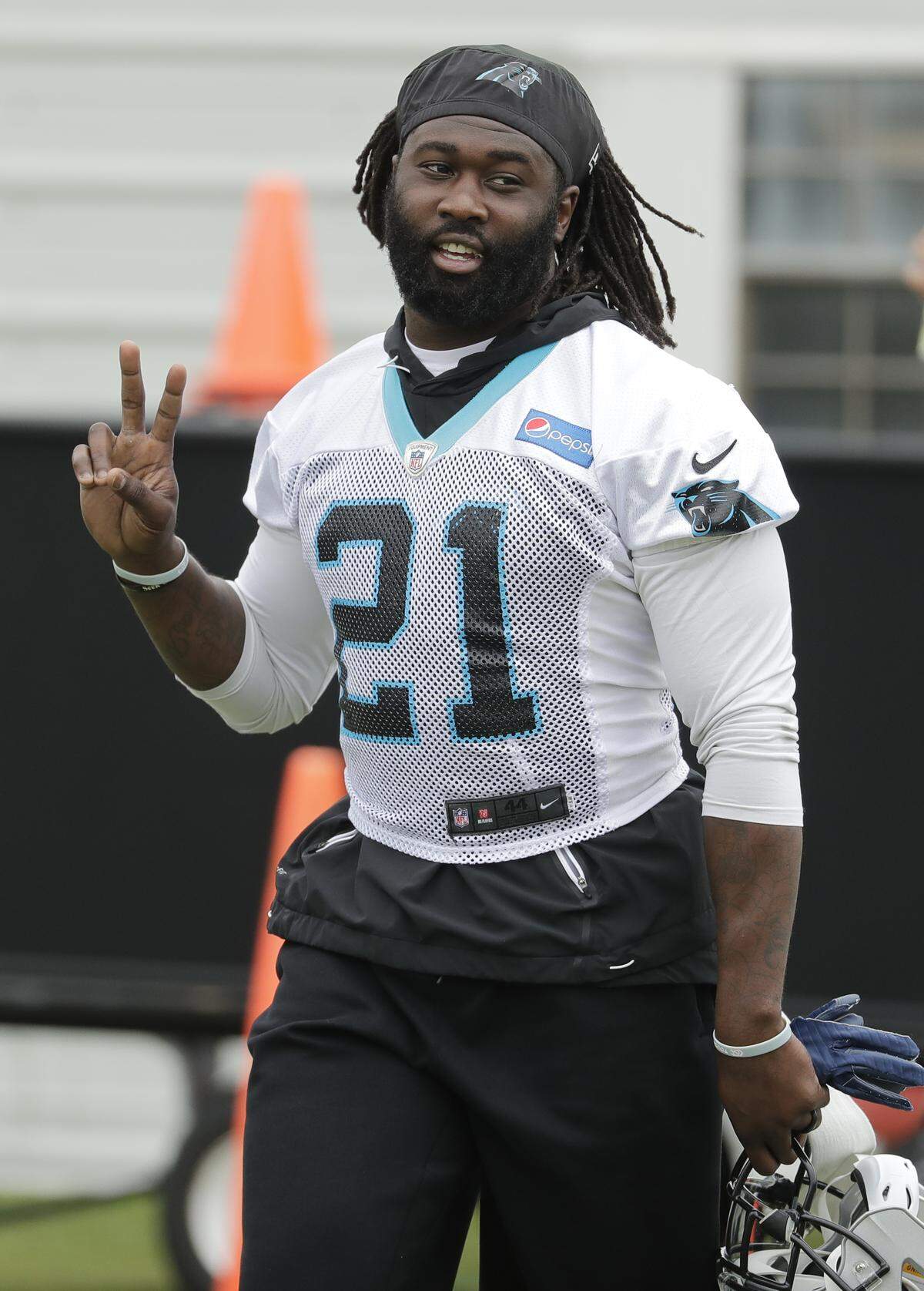 Carolina Panthers safety Da'Norris Searcy (21) has experience but lost his job in San Diego a year ago. The former Tar Heel is competing to start with veteran Mike Adams.