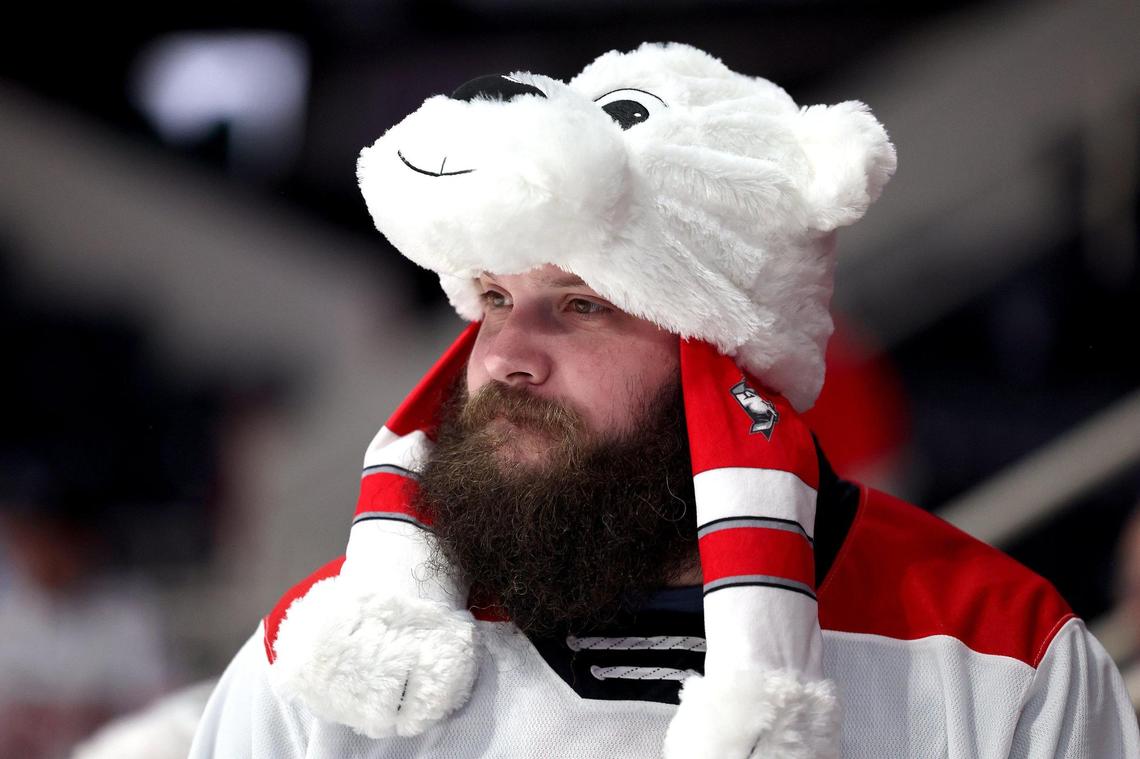 Charlotte Checkers fan Hudson Jacobs sports a team mascot “Chubby” cap prior to the team’s game against the Cleveland Monsters at Bojangles Coliseum in Charlotte, NC on Friday, October 18, 2024.