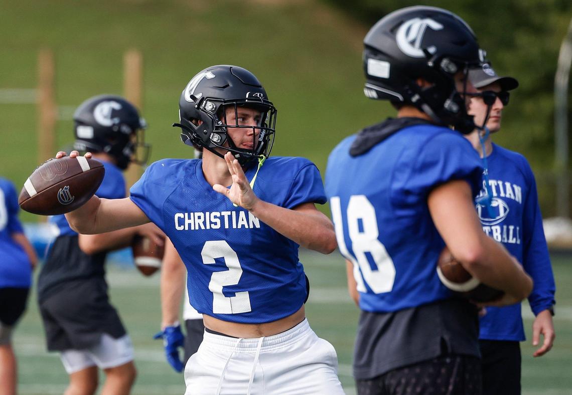Charlotte Christian quarterback Owen Farrell looks for a pass during practice on Wednesday, August 22, 2024.