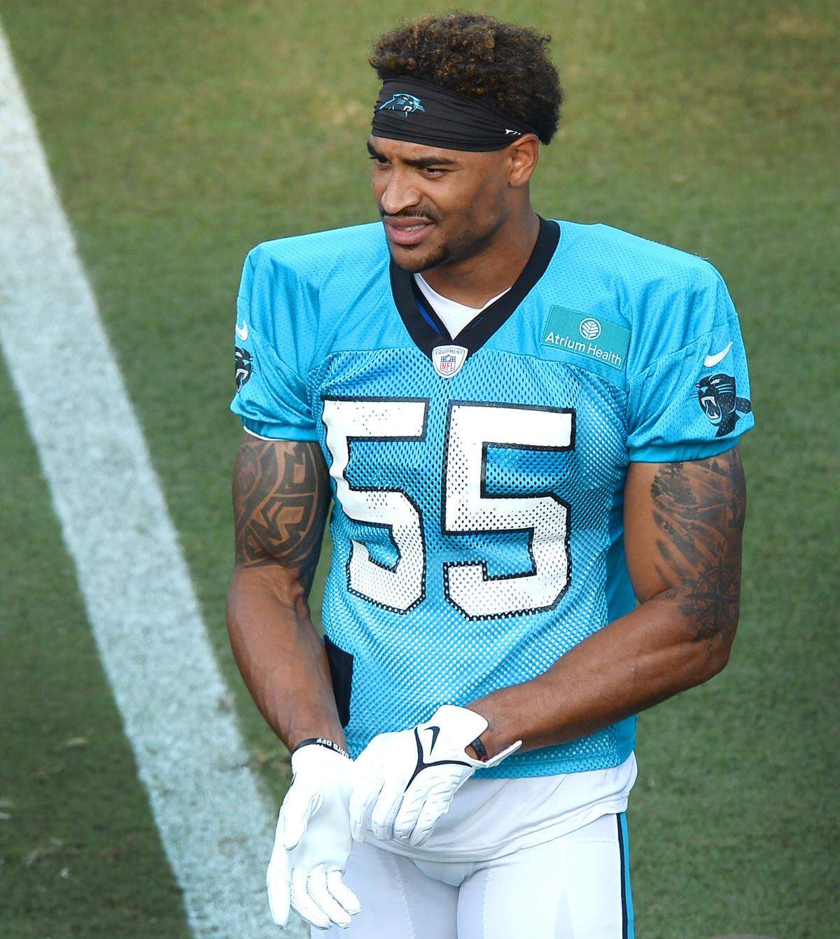 Carolina Panthers linebacker/defensive end Christian Miller at Gibbs Stadium on Saturday, July 31, 2021. The team held their practice at Gibbs Stadium as part of the NFLÕs Training Camp: Back Together Saturday celebrating the return of fans and football.