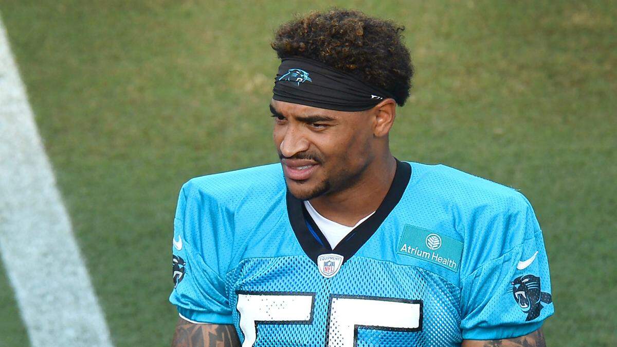 Carolina Panthers linebacker/defensive end Christian Miller at Gibbs Stadium on Saturday, July 31, 2021. The team held their practice at Gibbs Stadium as part of the NFLÕs Training Camp: Back Together Saturday celebrating the return of fans and football.