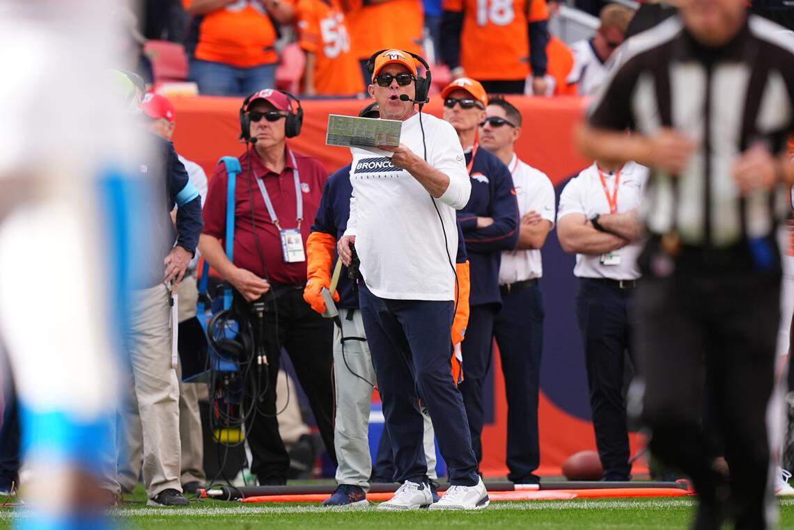 Denver Broncos head coach Sean Payton calls plays during the second quarter against the Carolina Panthers at Empower Field at Mile High. Ron Chenoy-Imagn Images