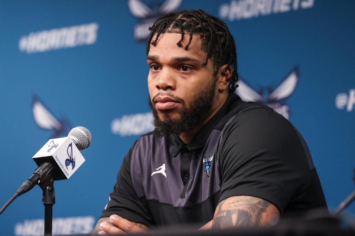 Hornets forward Miles Bridges answers media questions regarding his return to the Hornets after signing his qualifying offer at Spectrum Center on Tuesday, July 18, 2023.