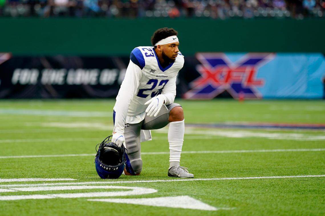 ARLINGTON, TX - FEBRUARY 9: Kenny Robinson #23 of the St. Louis BattleHawks looks on before the XFL game against the Dallas Renegades at Globe Life Park on February 9, 2020 in Arlington, Texas. (Photo by Cooper Neill/XFL via Getty Images)