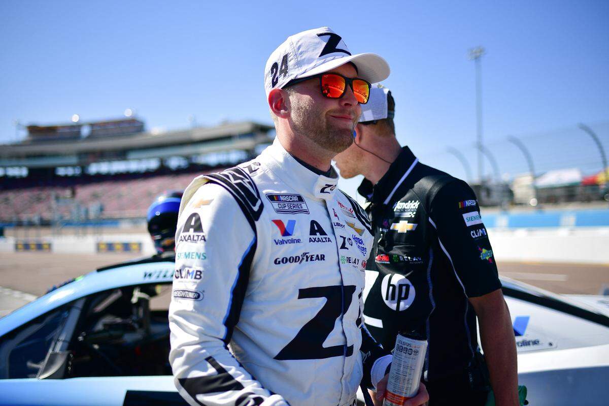 Mar 8, 2025; Avondale, AZ, USA; NASCAR Cup Series driver William Byron (24) reacts after qualifying for pole position for the Shrines Children’s 500 at Phoenix Raceway.