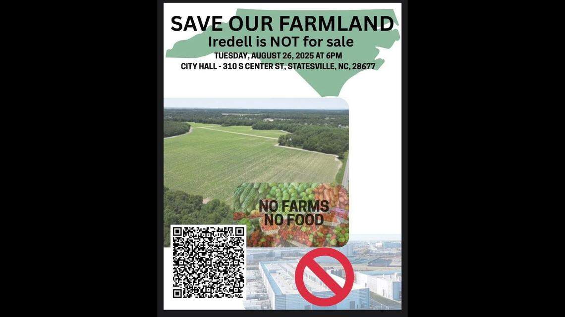 This poster encourages opponents to a proposed data center on Stamey Farm Road in western Iredell County to attend the Statesville Planning Board meeting at 6 p.m. Tuesday, Aug. 26, 2025, at Statesville City Hall.