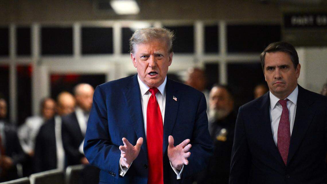 Former President Donald Trump speaks to the media on Monday, April 15, 2024 in New York City before entering a Manhattan courtroom for his criminal trial over hush money paid to a porn star.