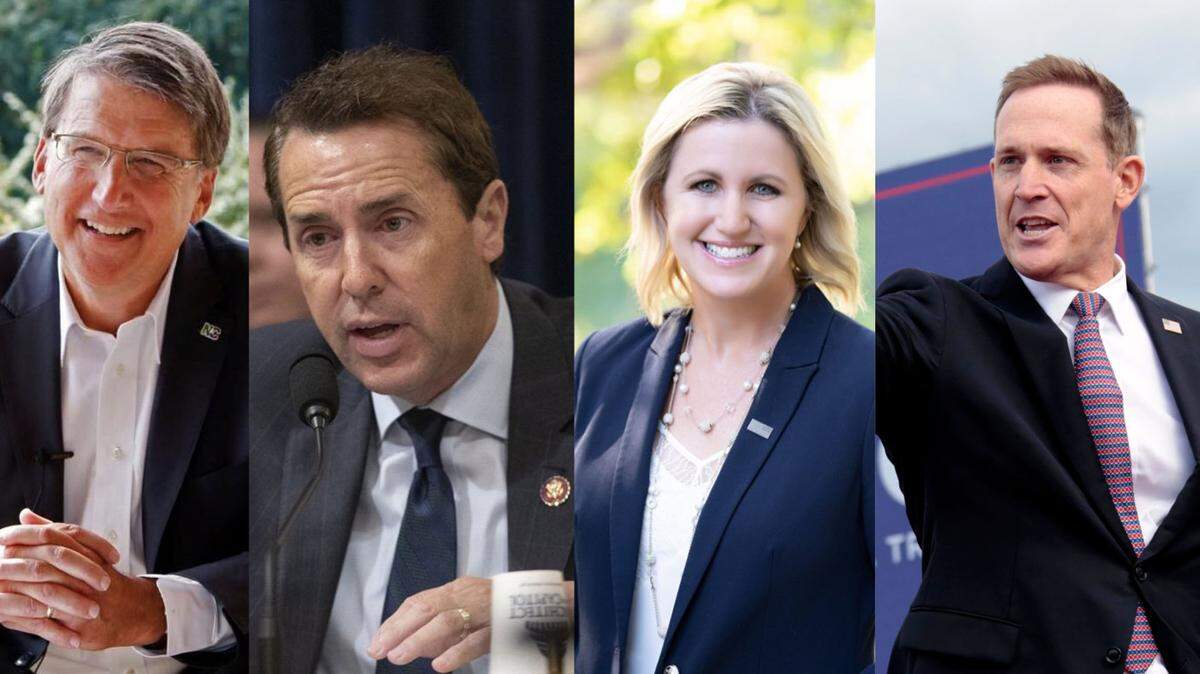 From left to right: Former Gov. Pat McCrory, former U.S. Rep. Mark Walker, veteran Marjorie Eastman and Rep. Ted Budd. The four are among the Republican candidates in the U.S. Senate race.