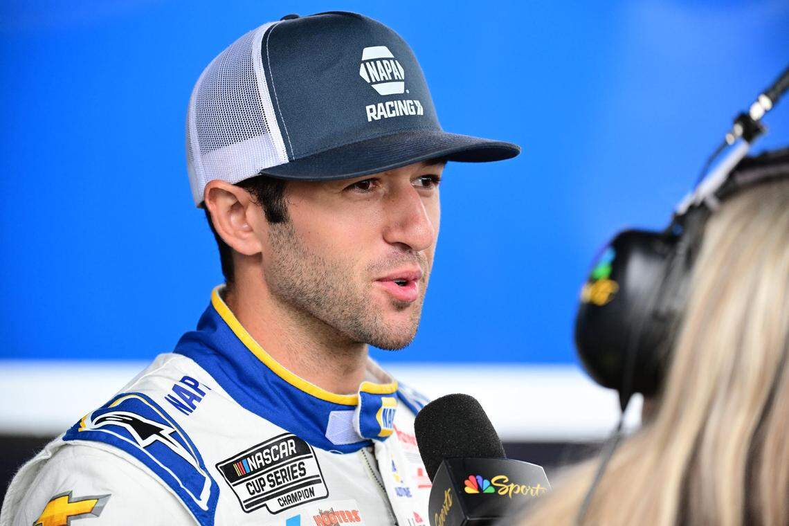 Chase Elliott (9) is interviewed before practice for the USA Today 301 at New Hampshire Motor Speedway on June 22, 2024, in Loudon, N.H.