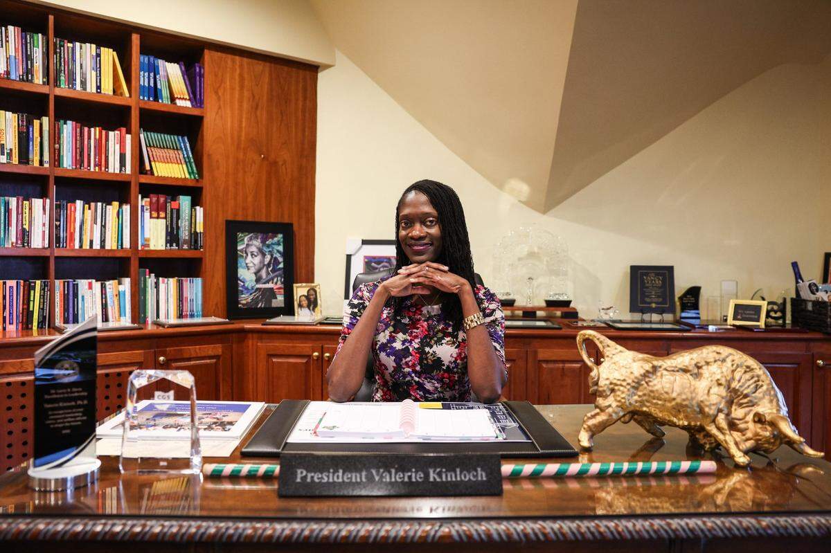 Valerie Kinloch, the President of Johnson C. Smith University, poses in her office in Charlotte on Tuesday, June 18, 2024.