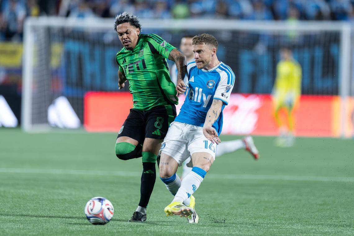 Charlotte FC midfielder Pep Biel (16) takes a shoot during early 1st half action. Charlotte FC would host their home opener Saturday March 7, 2026.