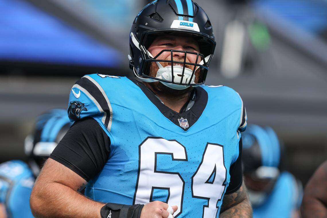Panthers center Cade Mays warms up before the game against the Bills the game at Bank of America Stadium in Charlotte, NC on Sunday, October 26, 2025.