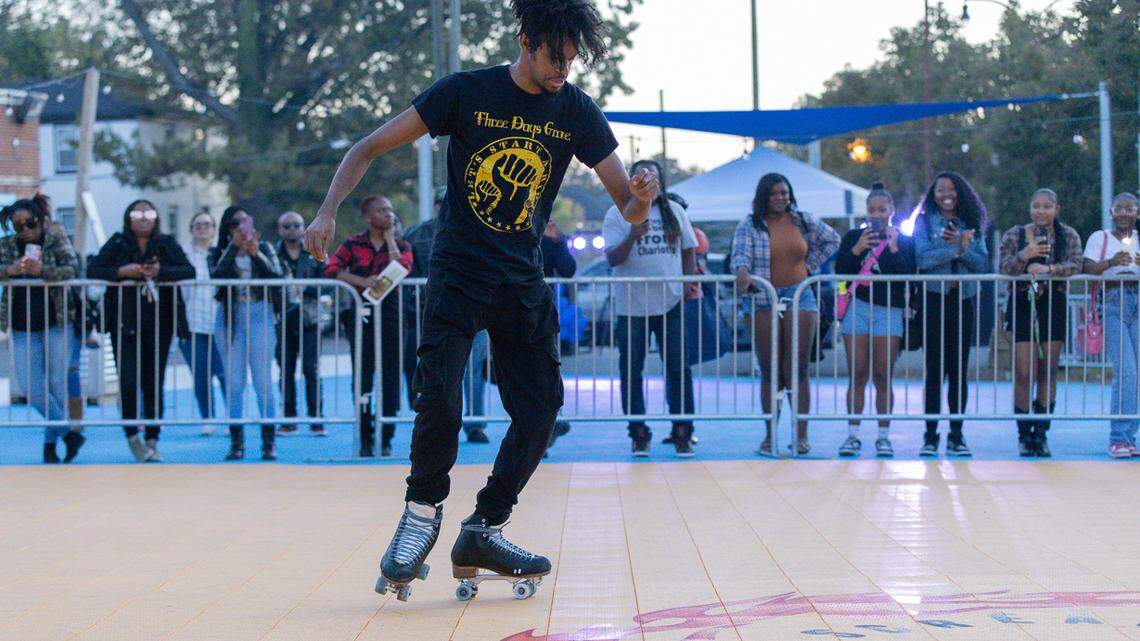 A skater having fun at “A Vibe Called Fresh” block party at The West Complex, 1600 W. Trade Street, September 2023