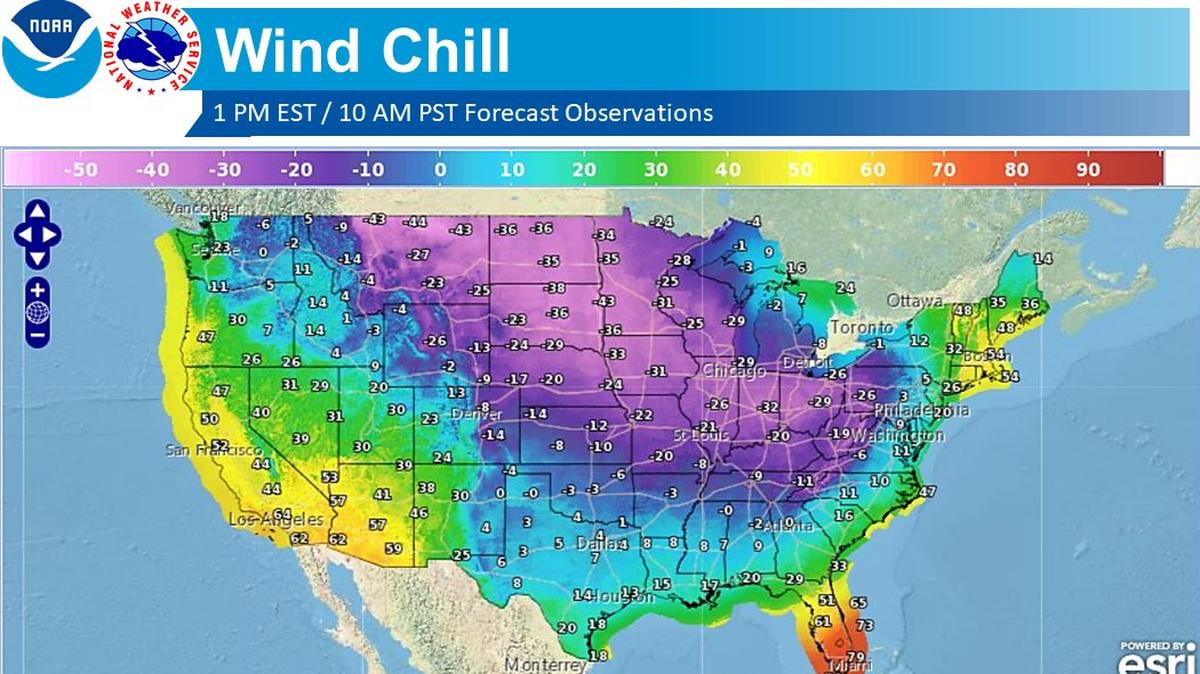 Forecast wind chill temperatures for Dec. 23, 2022, across the U.S. at 1 p.m., from the National Weather Service, issued Friday morning.