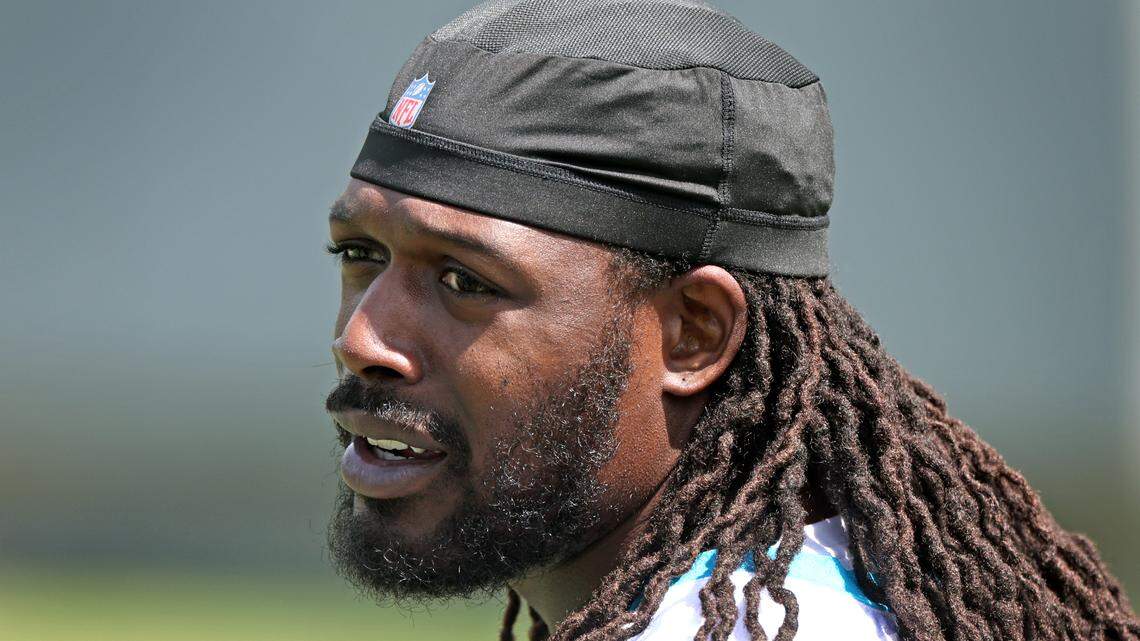 Carolina Panthers outside linebacker Jadeveon Clowney during the voluntary minicamp practice on Wednesday, April 24, 2024.