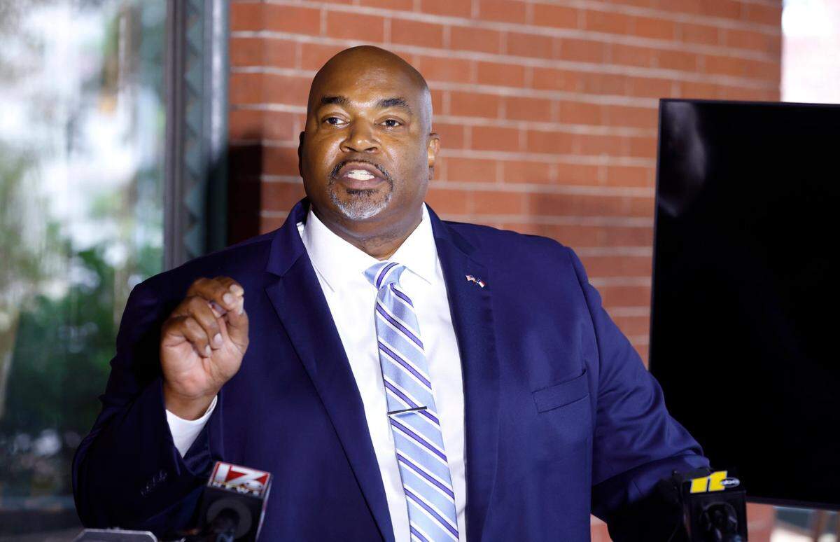 North Carolina Lt. Gov. Mark Robinson speaks during a press conference in Raleigh, N.C., Tuesday, October 12, 2021.