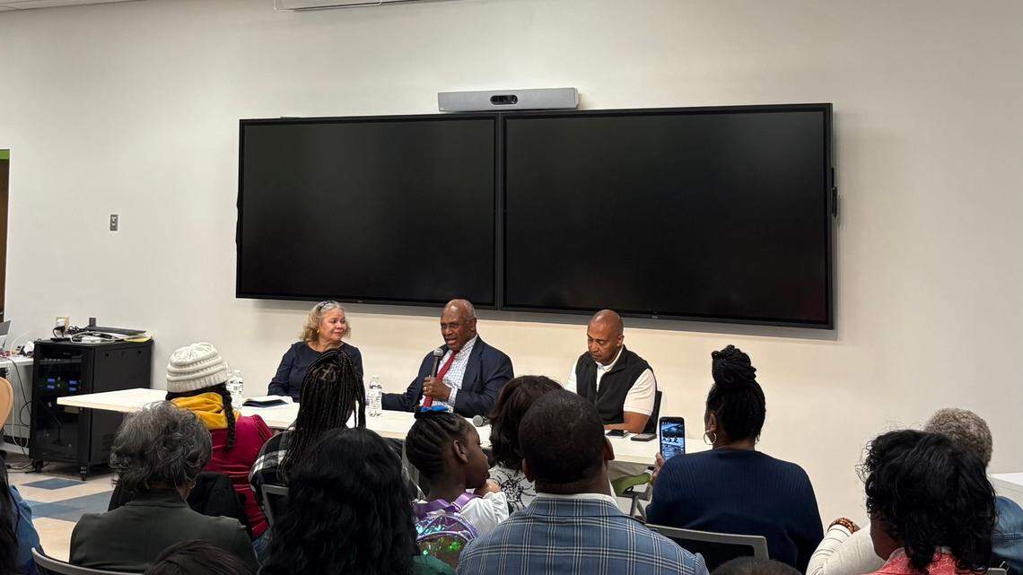Charlotte Mayor Vi Lyles (left) at the Sarah Stevenson Tuesday Forum alongside former Mayors Harvey Gantt (center) and Patrick Cannon (right) on Tuesday, Feb. 4, 2025.