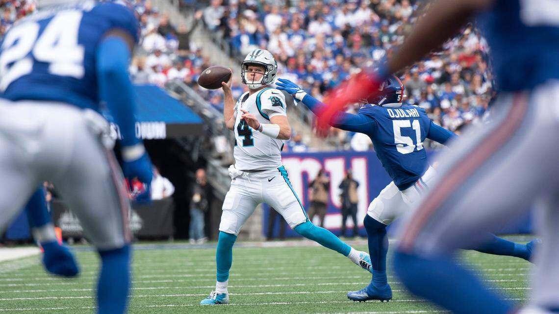 Carolina Panthers coach Matt Rhule explains why he benched Sam Darnold on Sunday