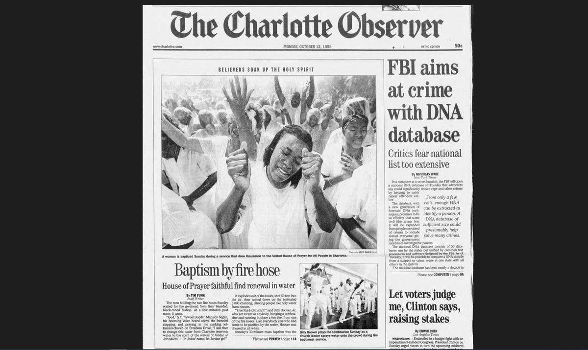 Oct. 12, 1998 print edition of The Charlotte Observer, featuring the baptismal of thousands at House of Prayer