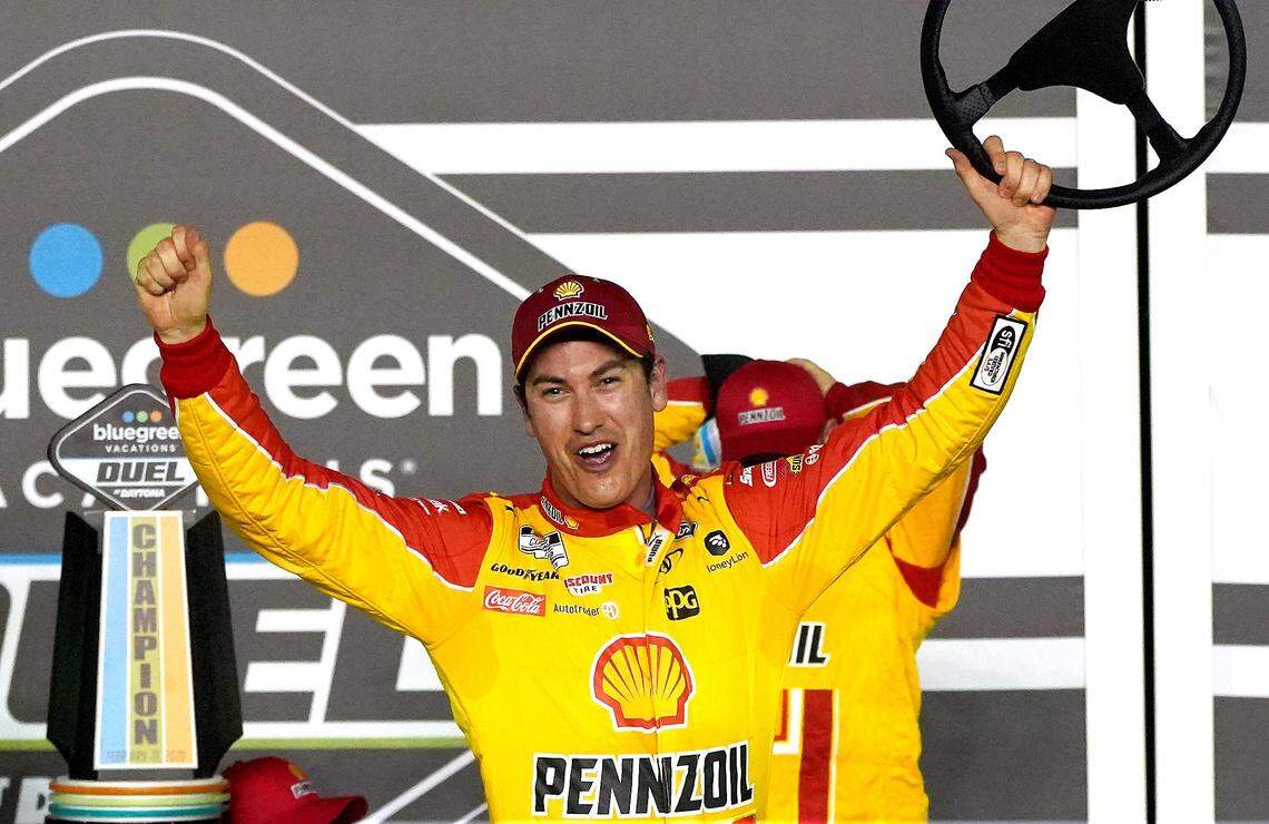 NASCAR driver Joey Logano celebrates his victory in the first qualifying race for the Daytona 500 at Daytona International Speedway in Daytona Beach, FL. on Thursday, February 13, 2020.