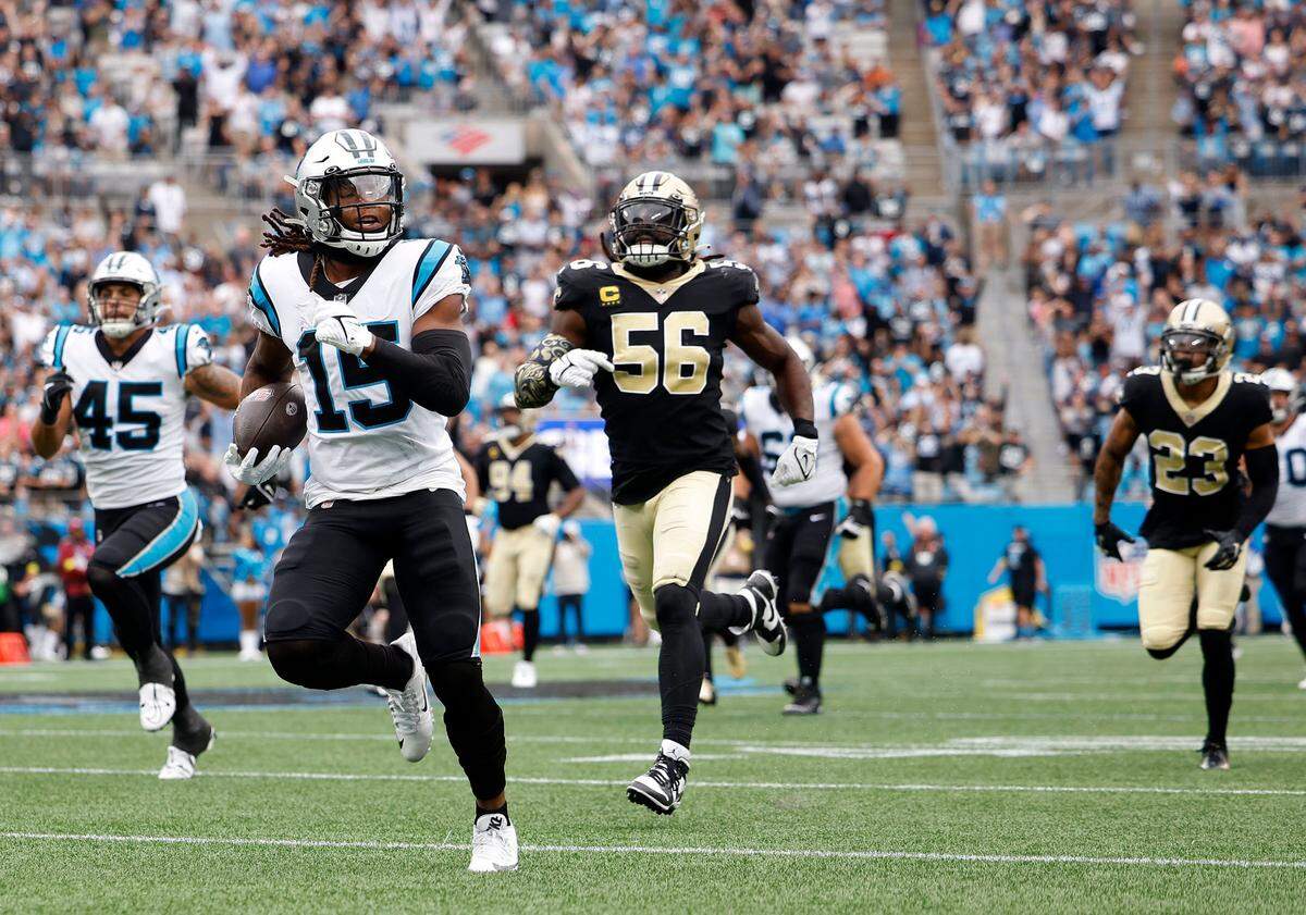Carolina Panther wide receiver Laviska Shenault Jr. scores on a 67-yard touchdown pass during a game against New Orleans at Bank of America Stadium in Charlotte, N.C., Sunday, Sept 25, 2022.