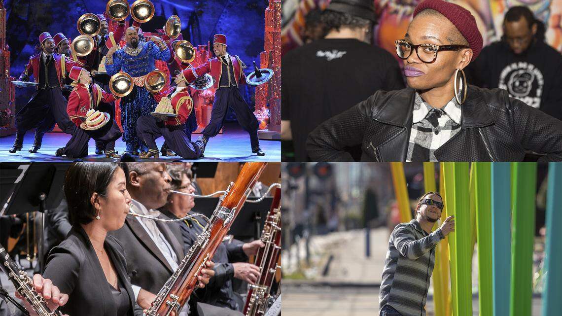 Highlights in the new arts season include, clockwise from top left: “Disney’s Aladdin,” which will play here in September, artwork at the dupp&swatt gallery in Camp North End overseen by Davita Galloway and her brother, new projects from artist Ivan Depeña and concerts from the Charlotte Symphony Orchestra, including with lead bassoonist Olivia Oh.