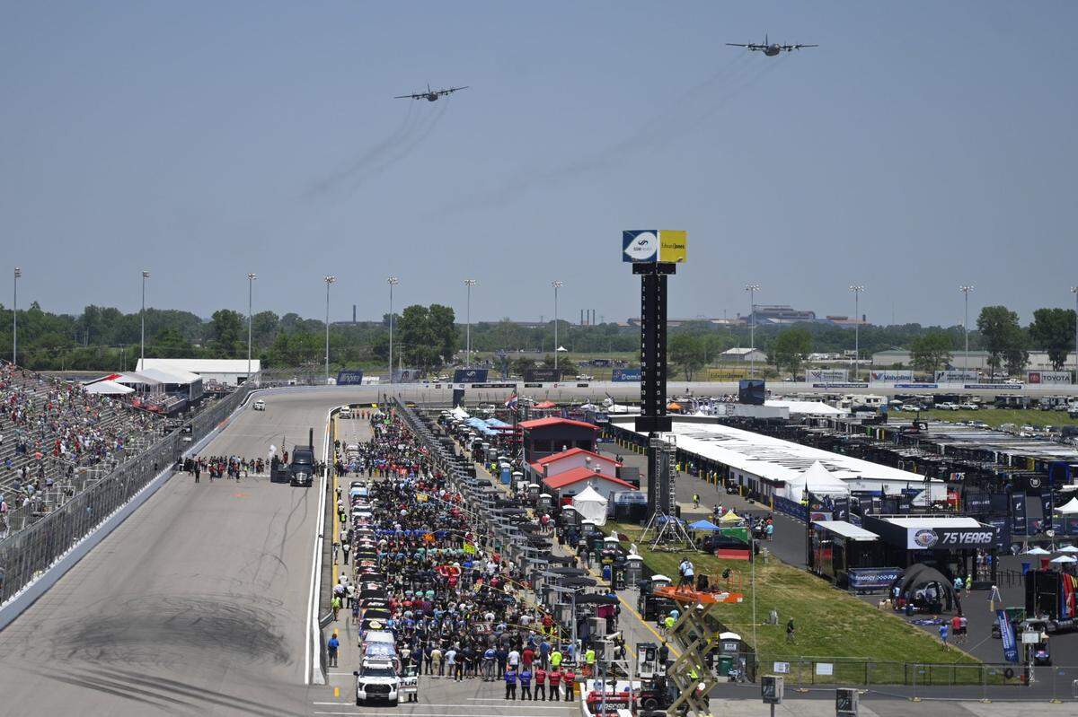 Jun 3, 2023; Madison, Illinois, USA; United States Air Force jets fly over during the National Anthem prior to the Truck Series Toyota 200 at World Wide Technology Raceway. Mandatory Credit: Joe Puetz-USA TODAY Sports