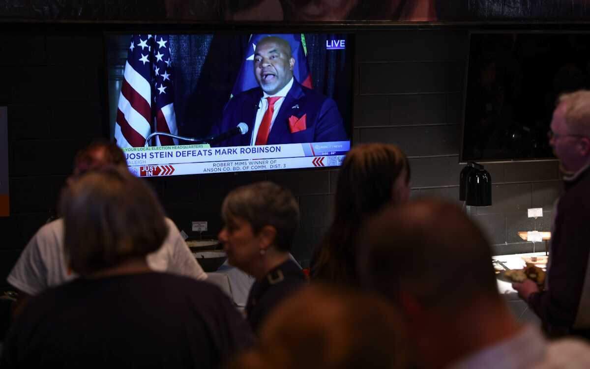 Nicole Sidman and supporters watch the early returns at the election watch party at Legion Brewing South Park in CharlotteTuesday night, Nov. 5, 2024