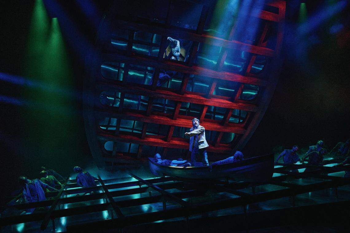 John Gallagher Jr. and the company of “Swept Away.” Gallagher’s performance as the worldly, haunted “Mate” was praised by a number of theater critics.