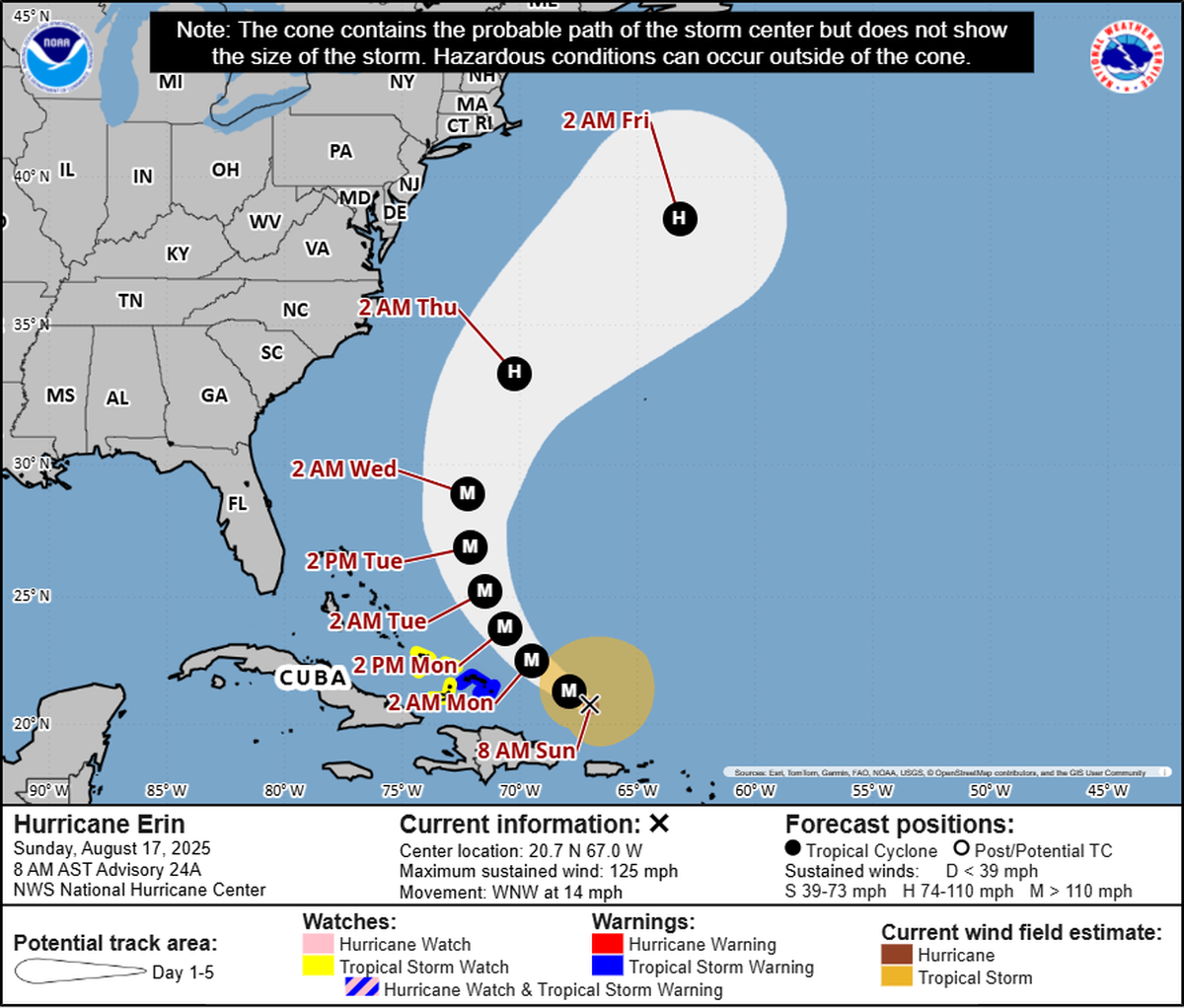 Projected path of Hurricane Erin, which has been downgraded to a Category 3 storm.