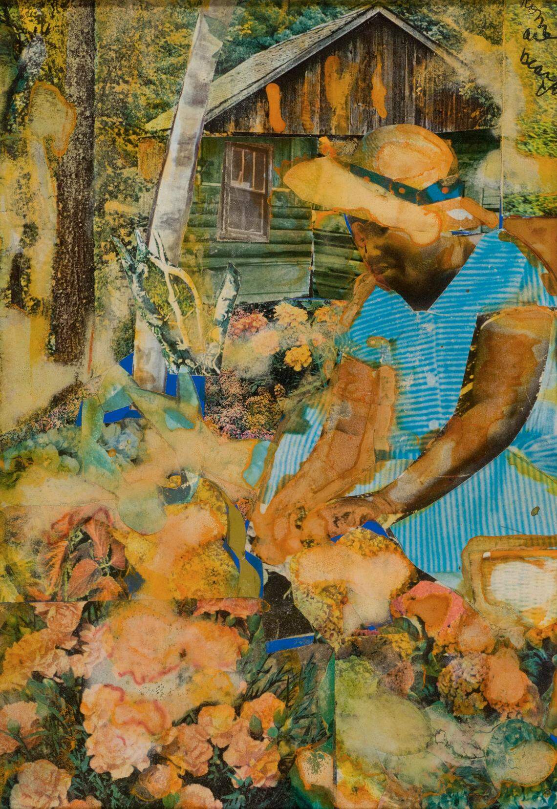 Romare Bearden, “Profile/Part I, The Twenties: Mecklenburg County, Maudell Sleet’s Magic Garden,” 1978. Collage on board, 10 x 7 inches. Bearden produced a number of pieces of Sleet and her garden, although author Glenda Gilmore believes he conflated the name with that of a different neighbor from his childhood.
