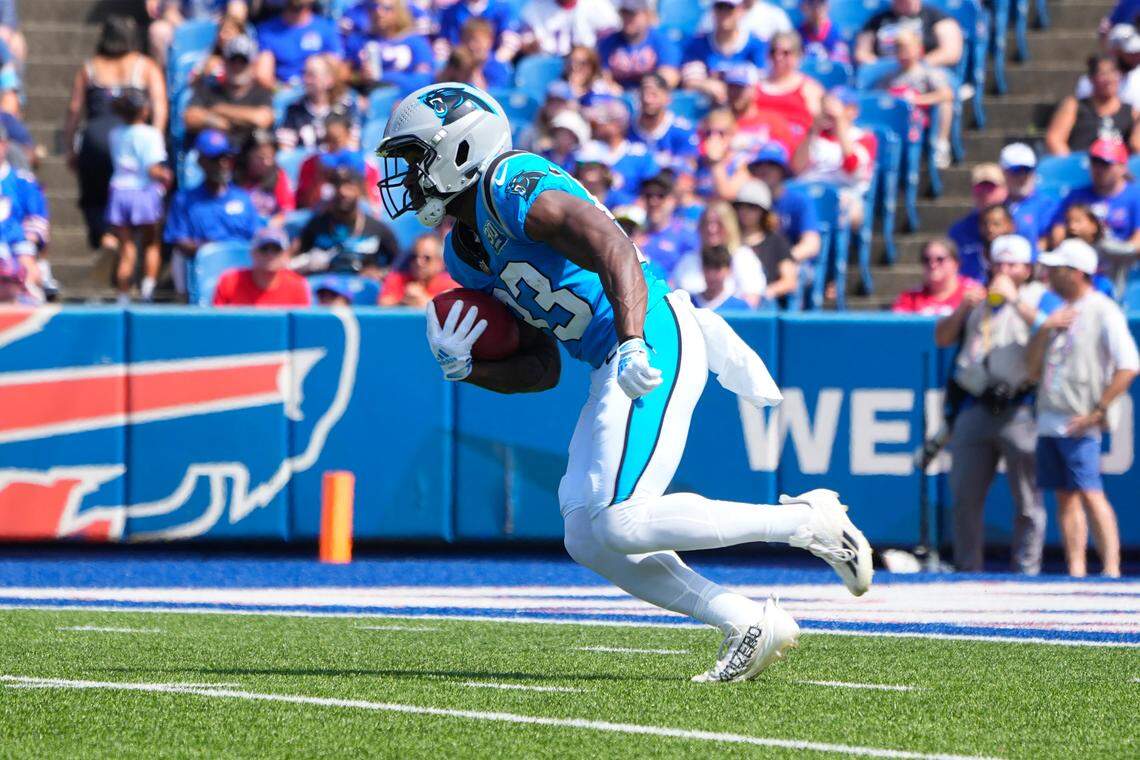 Carolina Panthers wide receiver David Moore runs back a kick off against the Buffalo Bills during the first half Saturday at Highmark Stadium. / Gregory Fisher-USA TODAY Sports