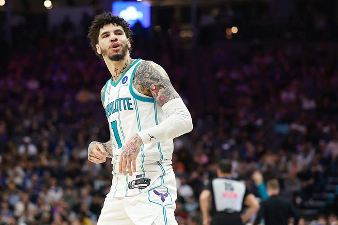 LaMelo Ball of the Charlotte Hornets reacts after making a basket.