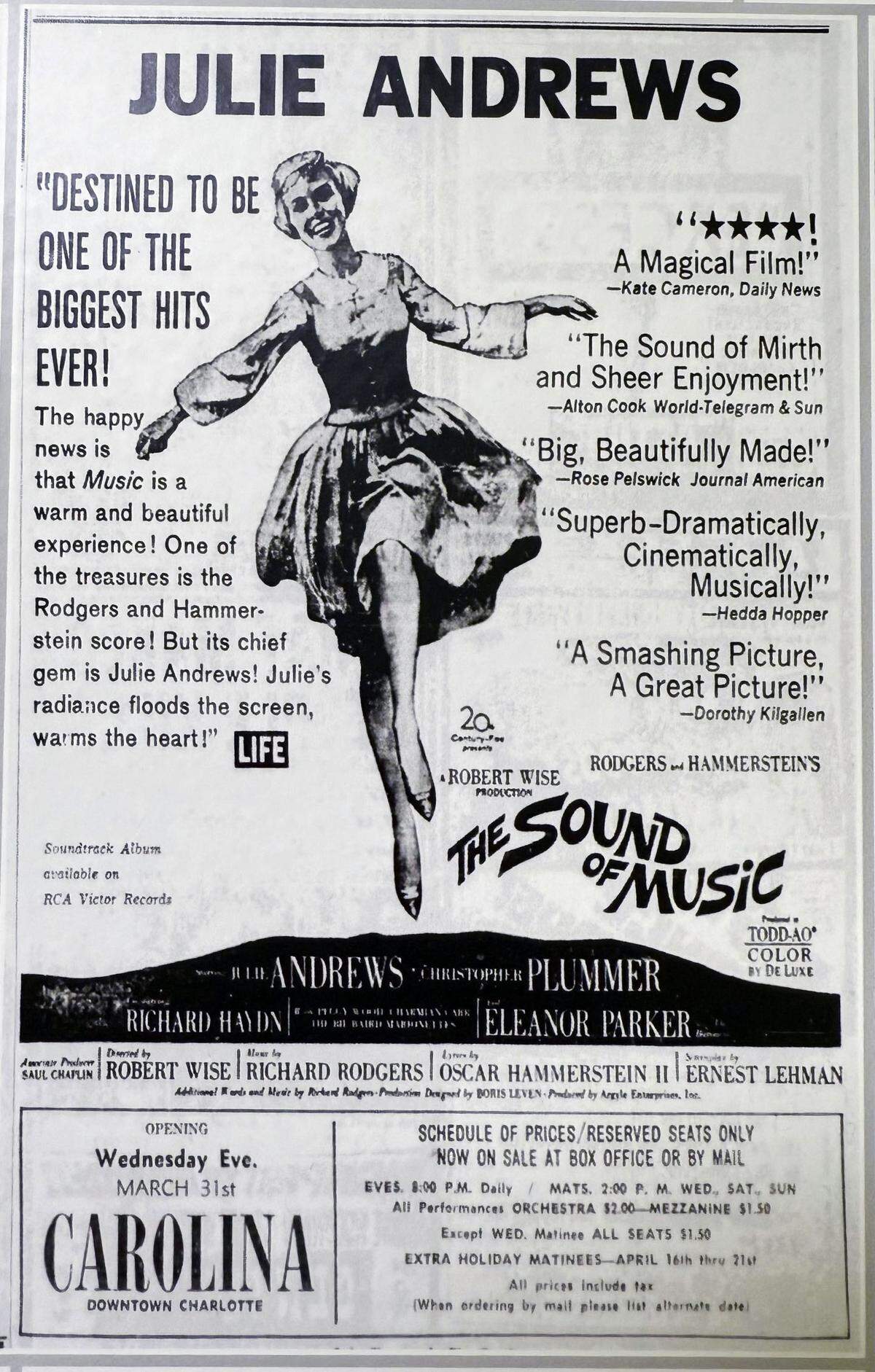 The original “Sound of Music” poster for when the movie began its run at Carolina Theatre in uptown Charlotte in March 1965. Over 400,000 people saw it during the 79 weeks it was shown.