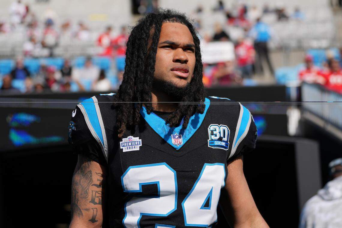 Jonathon Brooks of the Carolina Panthers takes the field prior to a 2024 game against the Kansas City Chiefs at Bank of America Stadium.
