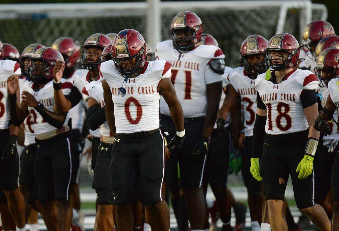Mallard Creek players rally before the game. Sweet 16 #5, Mallard Creek trailed #3, Hough19-0 at halftime in a high stakes football game on Friday, Oct. 18, 2024.