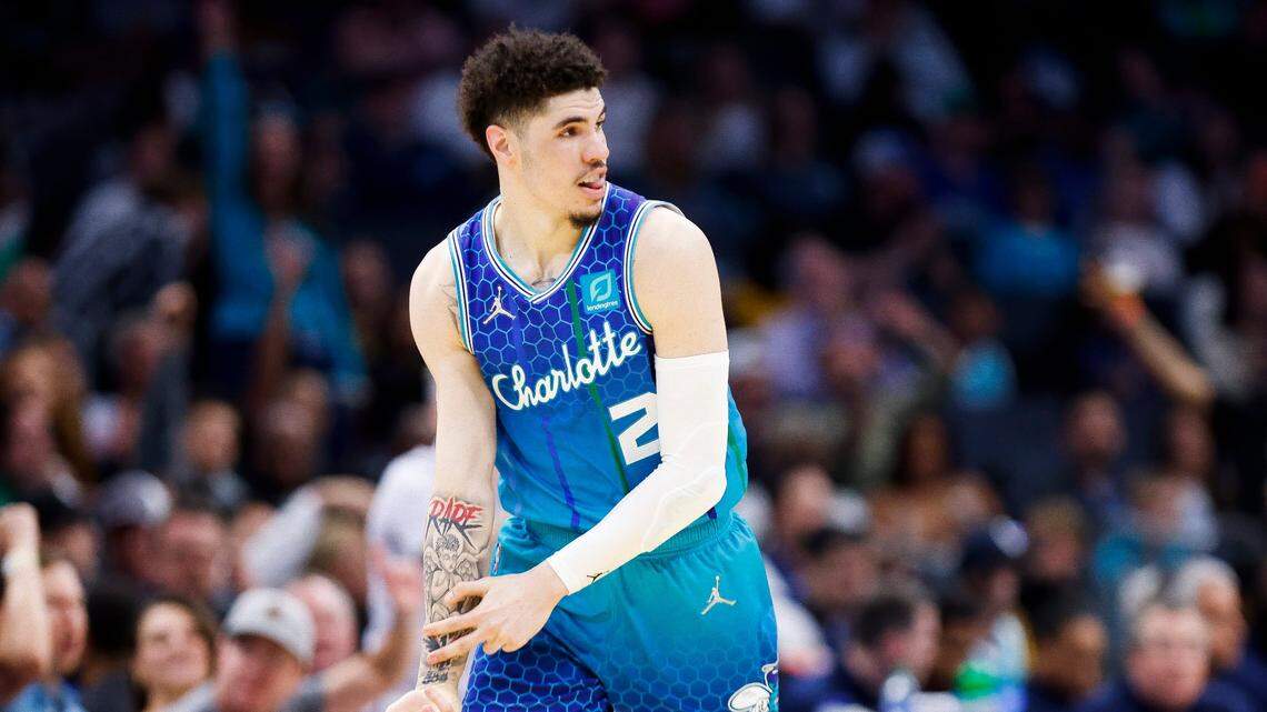 Charlotte Hornets guard LaMelo Ball (2) celebrates basket during a game against the Dallas Mavericks at Spectrum Center in Charlotte, N.C., Saturday, March 19, 2022.