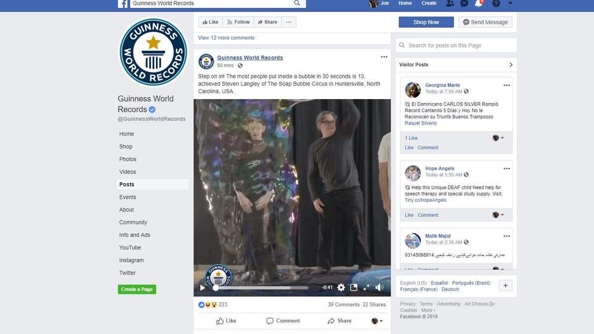 Steven Langley of The Soap Bubble Circus in Huntersville, North Carolina, set a Guinness World Record for the most people put inside a bubble in 30 seconds, Guinness World Record officials posted on the Guinness World Record Facebook site on Saturday morning, April 6, 2019. Langley set the record by getting 13 people inside, officials said.