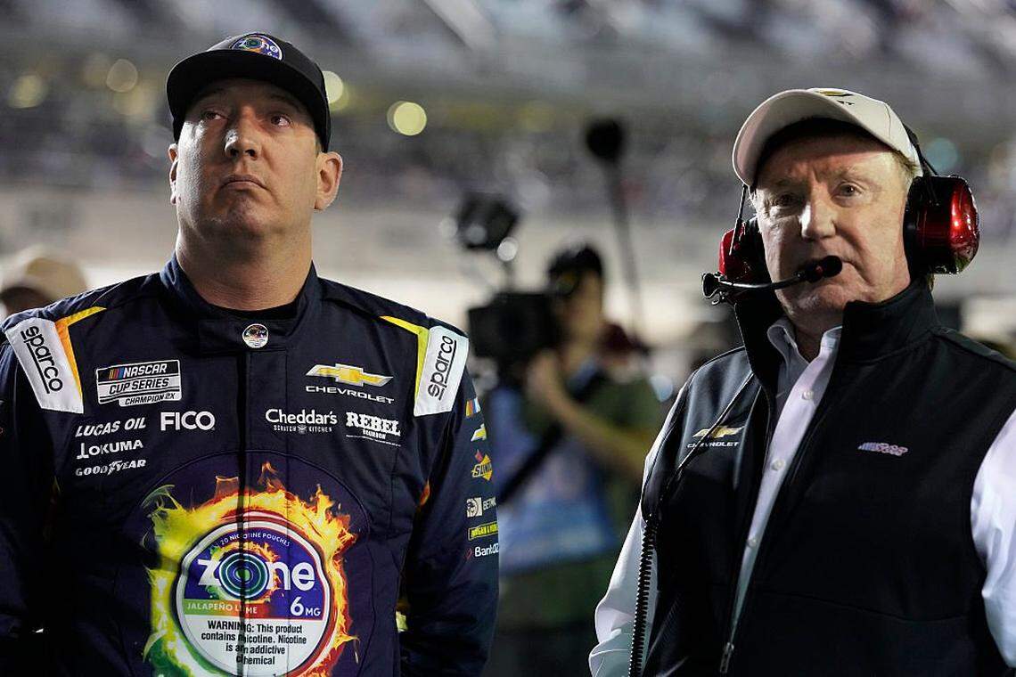 DAYTONA BEACH, FLORIDA - FEBRUARY 11: Kyle Busch, driver of the #8 zone Jalapeno Lime Chevrolet, (L) and NASCAR Hall of Famer and RCR team owner, Richard Childress look on during qualifying for the NASCAR Cup Series Daytona 500 at Daytona International Speedway on February 11, 2026 in Daytona Beach, Florida. (Photo by Patrick McDermott/Getty Images)