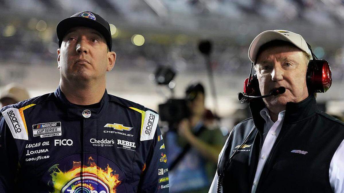 DAYTONA BEACH, FLORIDA - FEBRUARY 11: Kyle Busch, driver of the #8 zone Jalapeno Lime Chevrolet, (L) and NASCAR Hall of Famer and RCR team owner, Richard Childress look on during qualifying for the NASCAR Cup Series Daytona 500 at Daytona International Speedway on February 11, 2026 in Daytona Beach, Florida. (Photo by Patrick McDermott/Getty Images)