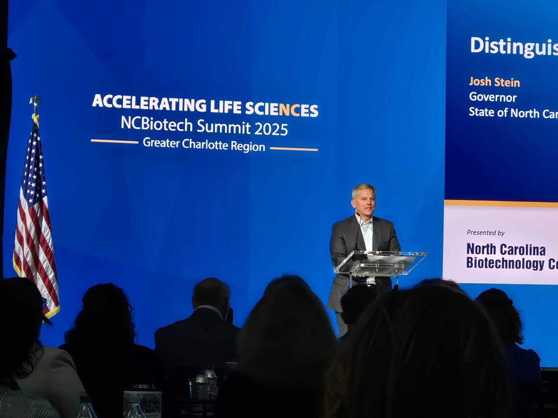 Gov. Josh Stein talks about the financial impact of the biotech industry in the state during the 2025 NCBiotech Summit at The Pearl district in Charlotte.