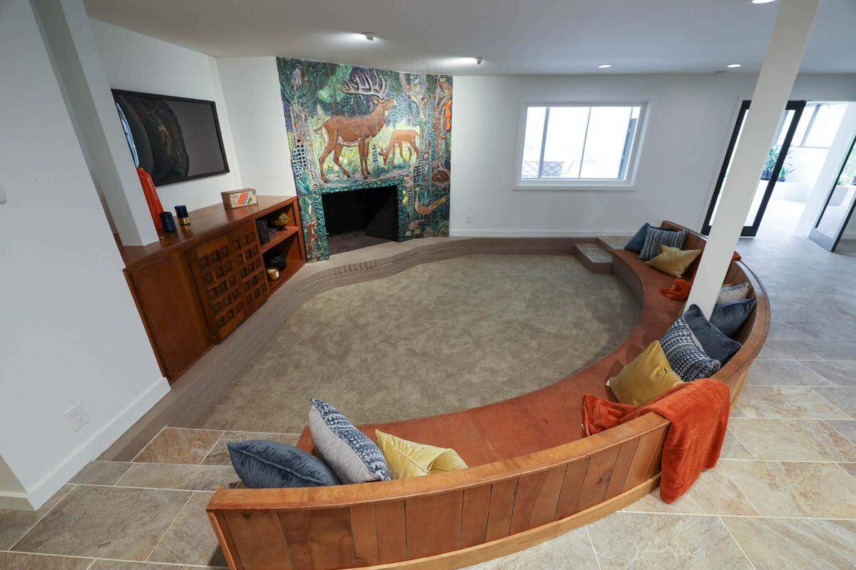 The sunken living room after renovations.