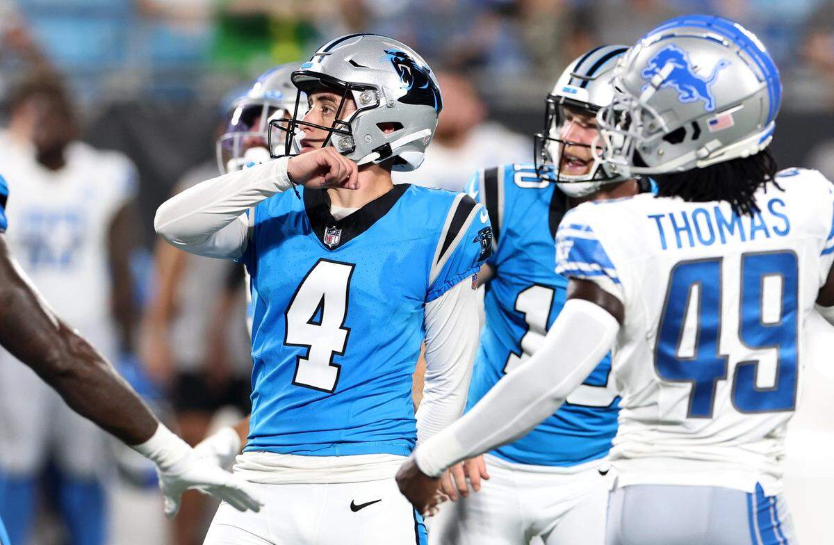 Carolina Panthers kicker Eddy Pineiro watches the flight of his kick for a field goal during first quarter action against the Detroit Lions on Friday, August 25, 2023 at Bank of America Stadium in Charlotte, NC.