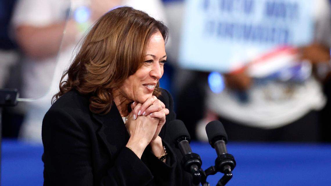 Vice President and democratic nominee for president Kamala Harris acknowledges the crowd during a rally at the Greensboro Coliseum in Greensboro, N.C., Thursday, Sept. 12, 2024.