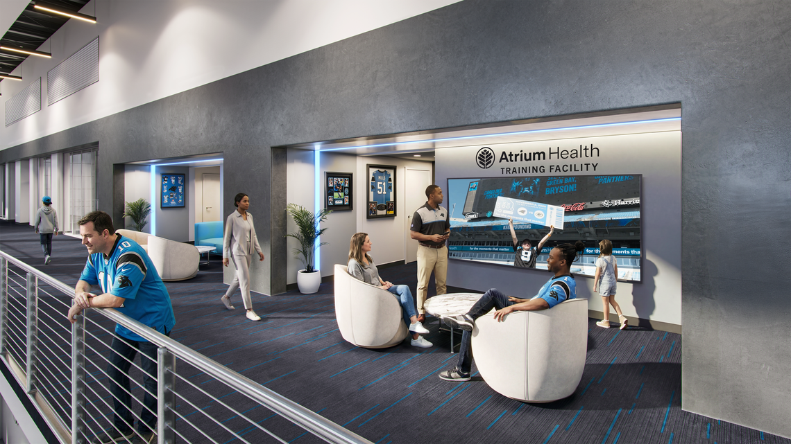 A rendering of an interior shot of a hallway in the Panthers’ new practice facility. The Atrium Health Training Facility is expected to be complete by 2027.