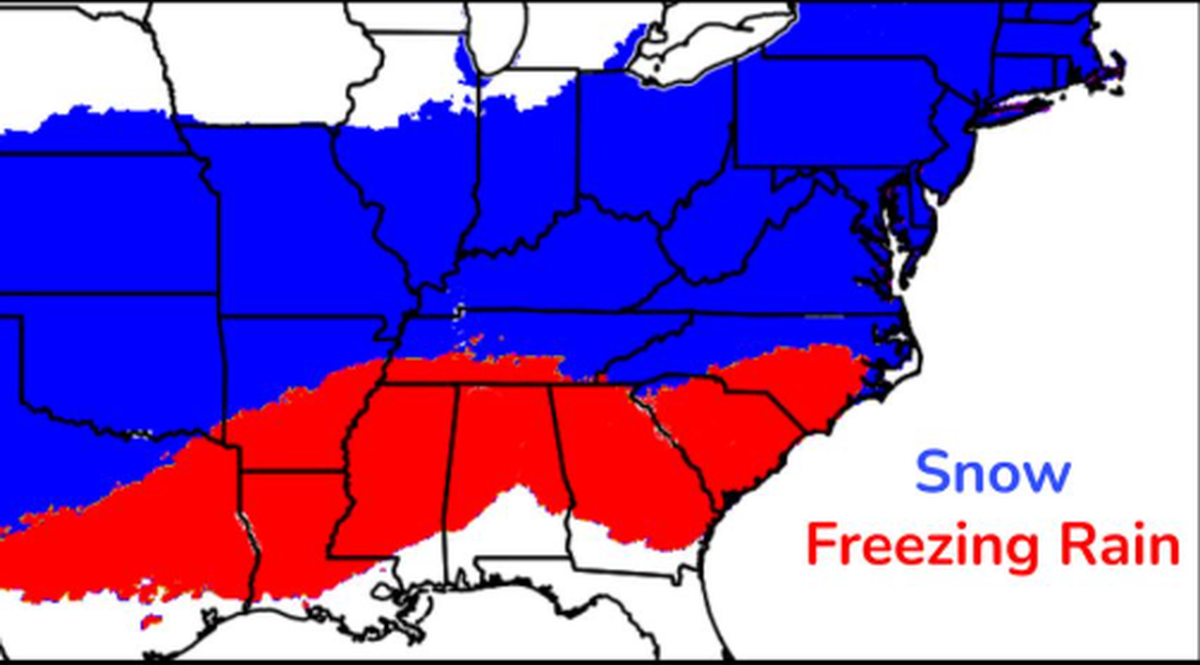 “Broad swaths of freezing rain and sleet” are expected in the south, causing hazardous travel conditions, power outages and tree damage, the National Oceanic and Atmospheric Administration reports.
