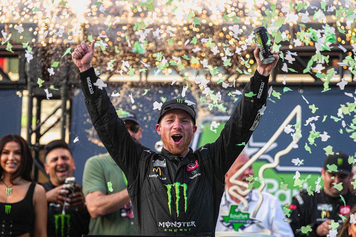 March 26: Tyler Reddick celebrates winning the EchoPark Automotive Grand Prix at the Circuit of the Americas in Austin, Texas. Syndication Austin American Statesman