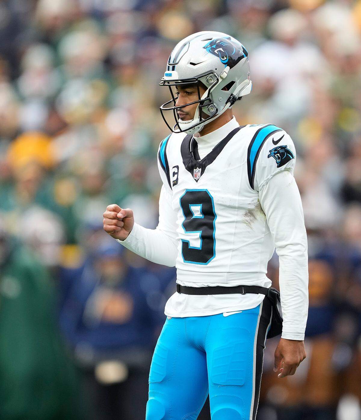 Bryce Young of the Carolina Panthers celebrates a touchdown in Sunday’s third quarter against the Green Bay Packers at Lambeau Field.