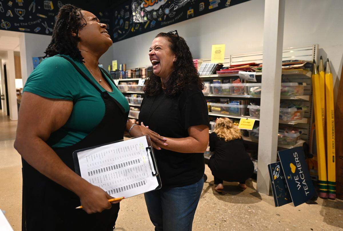 Angela Walker and Hallie Powers, both educators at Walter Bickett Elementary School in Union County, NC., met at Classroom Central in Charlotte on Thursday, August 14, 2025. Classroom Central provides free resources, including school supplies, to local and eligible Title 1 schools. Walker teaches first grade, while Powers teaches Leader in Me and pre-K through fifth grade.