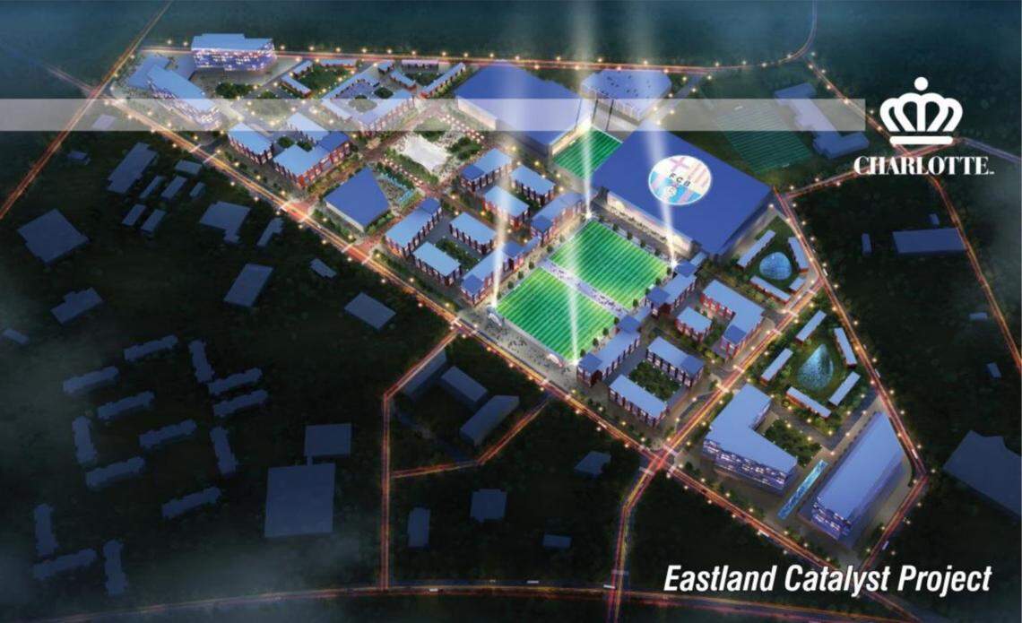 A conceptual plan for redeveloping the Eastland Mall site, centered around an FC Barcelona Soccer Academy.